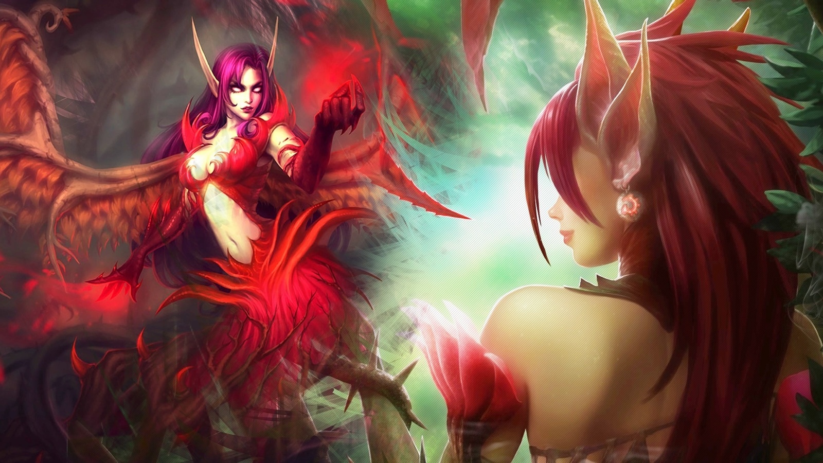 zyra, league of legends, rise of the thorns, morgana, fallen angel