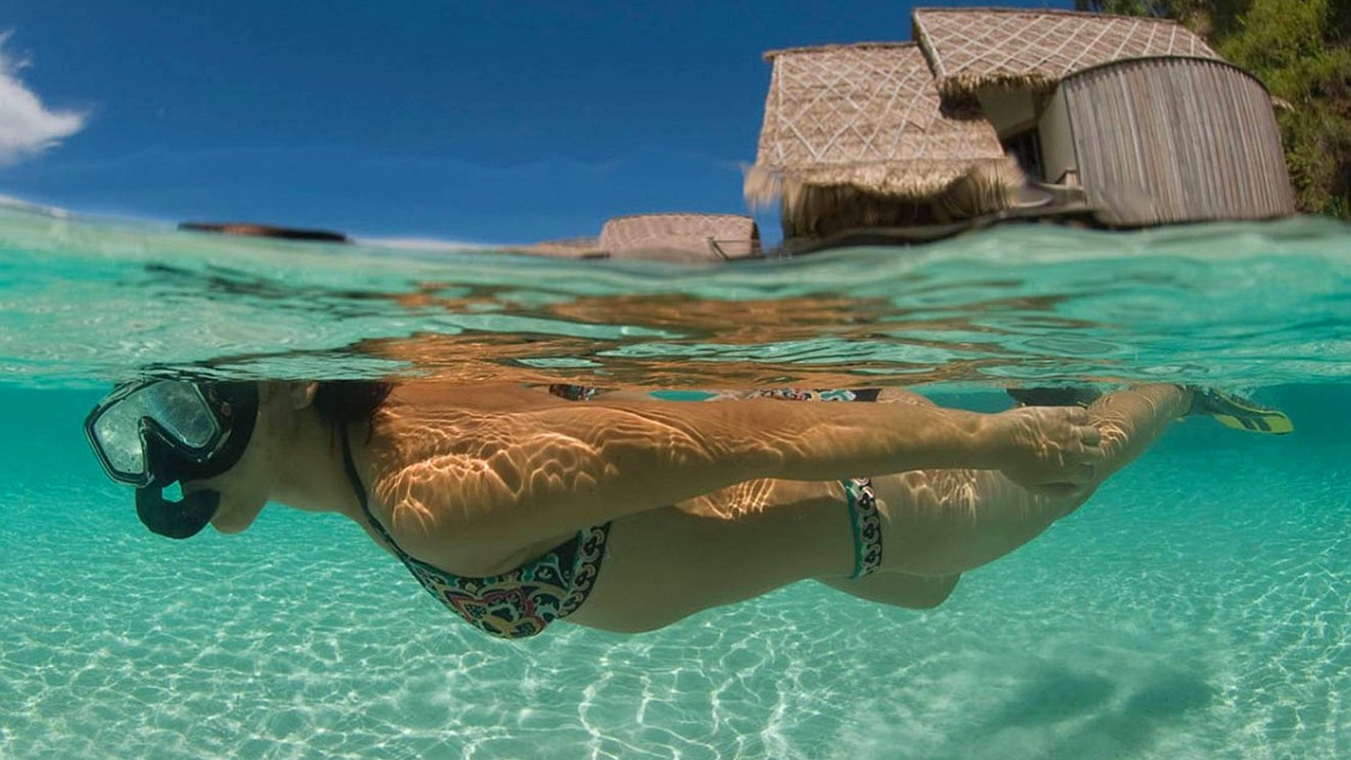 snorkelling, girl, bora-bora, ocean