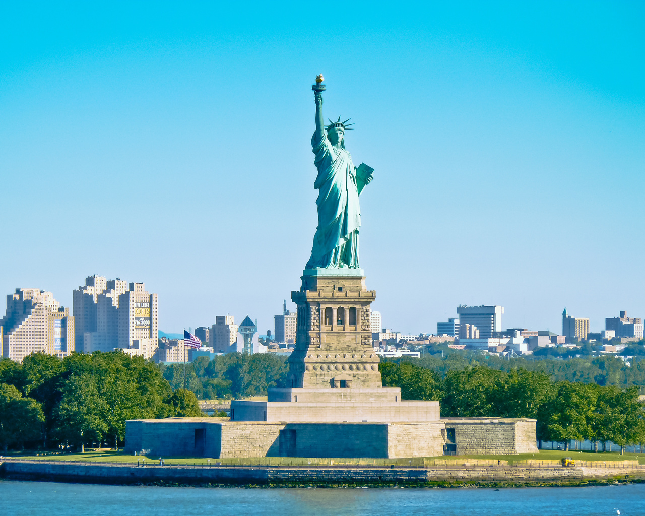 new york city, manhatten, statue of liberty, city, skyline, blue, sky, -,  