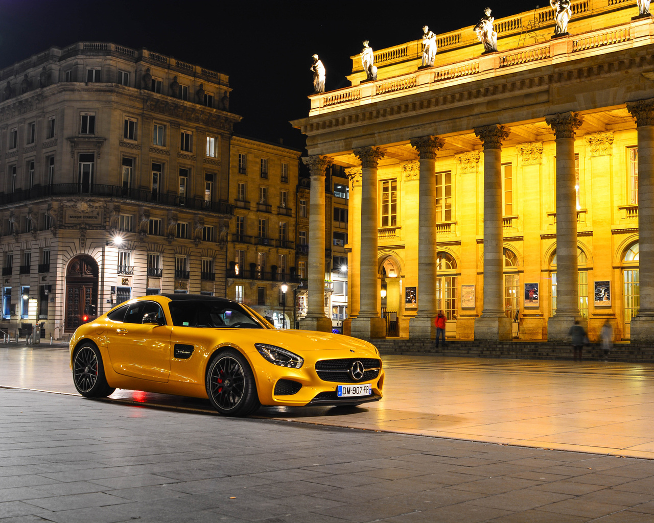 mercedes-benz, amg, gt s, 2015, yellow, supercar, front, night, place, square, 
