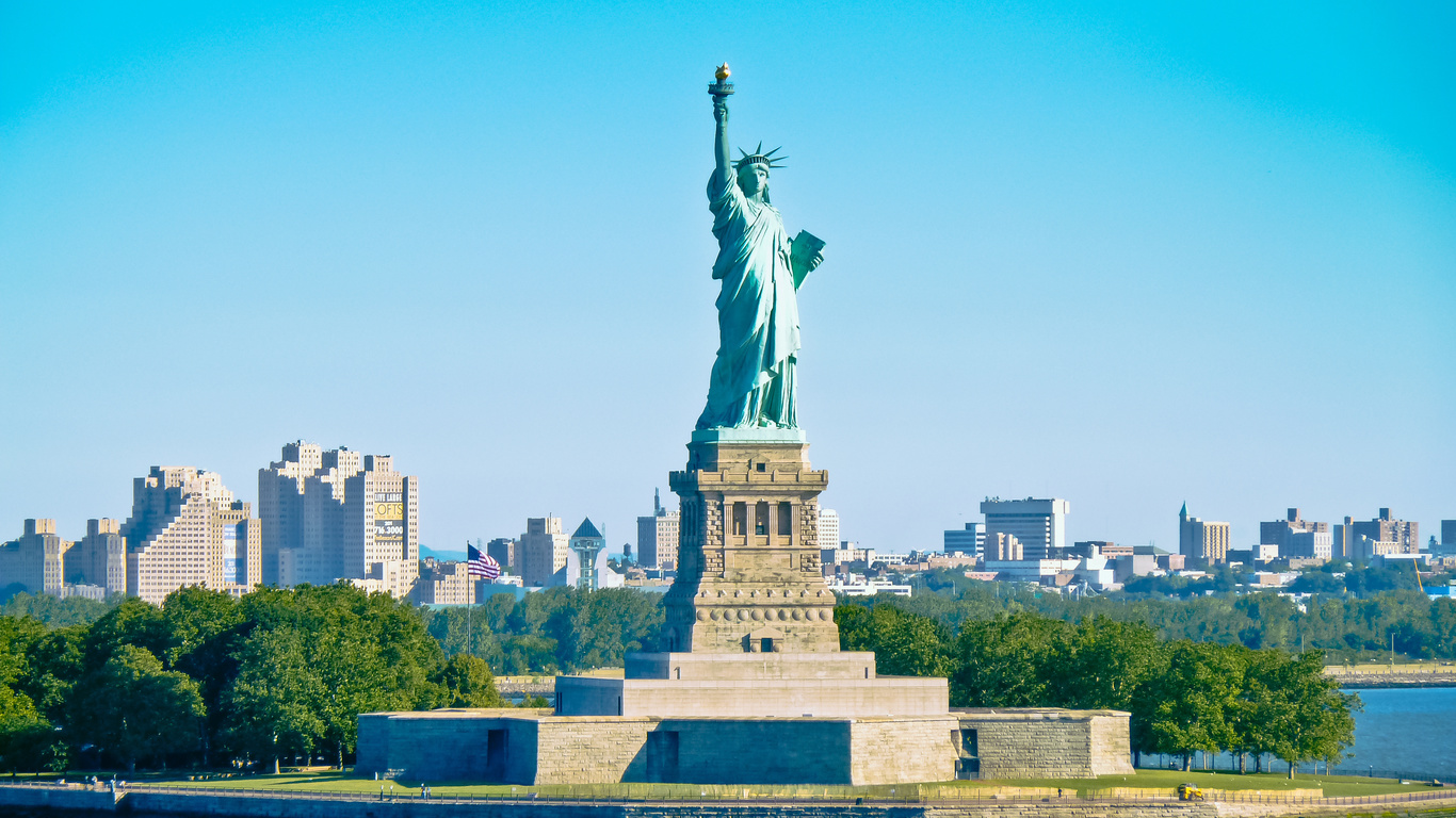 new york city, manhatten, statue of liberty, city, skyline, blue, sky, -,  