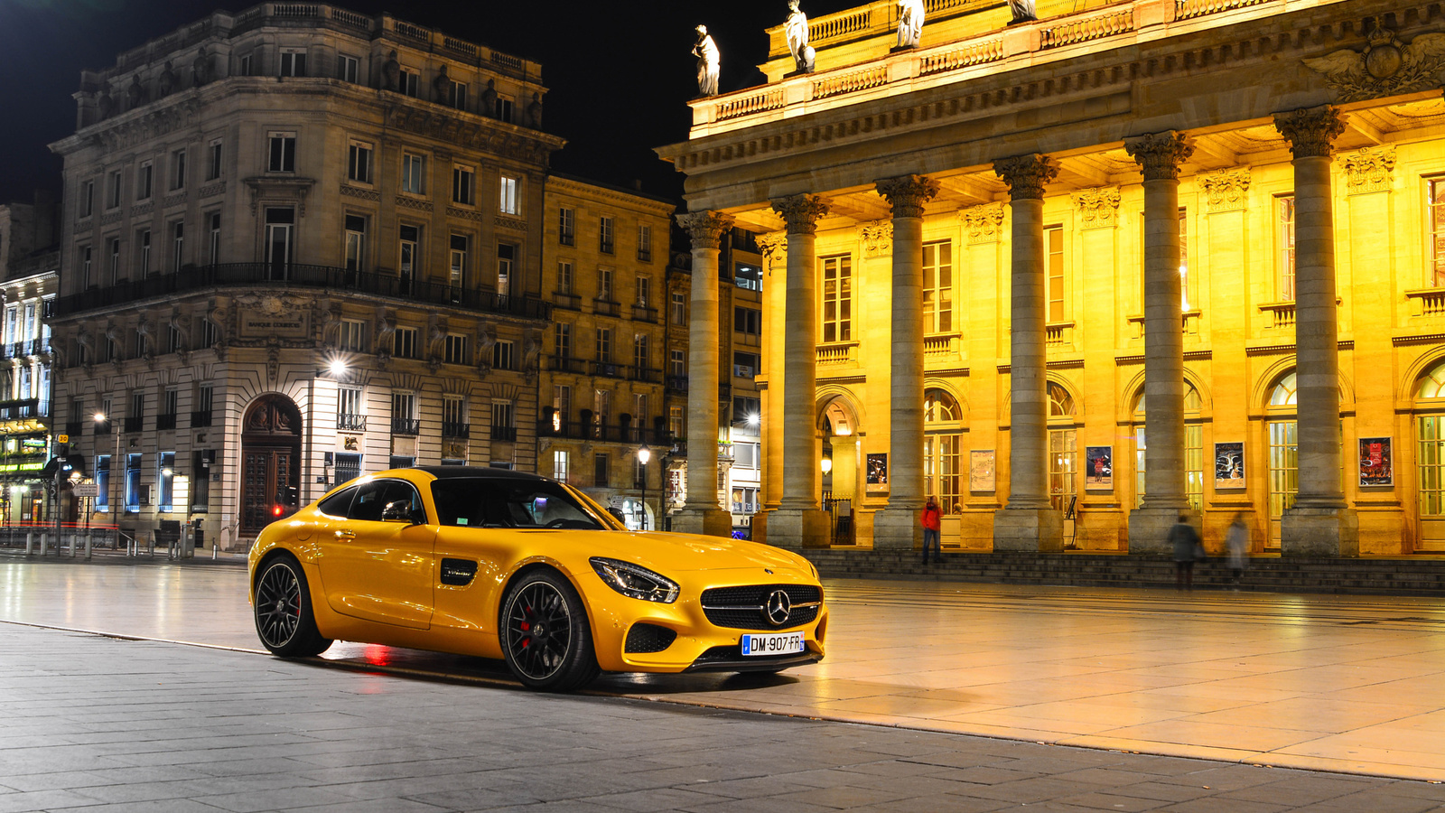 mercedes-benz, amg, gt s, 2015, yellow, supercar, front, night, place, square, 