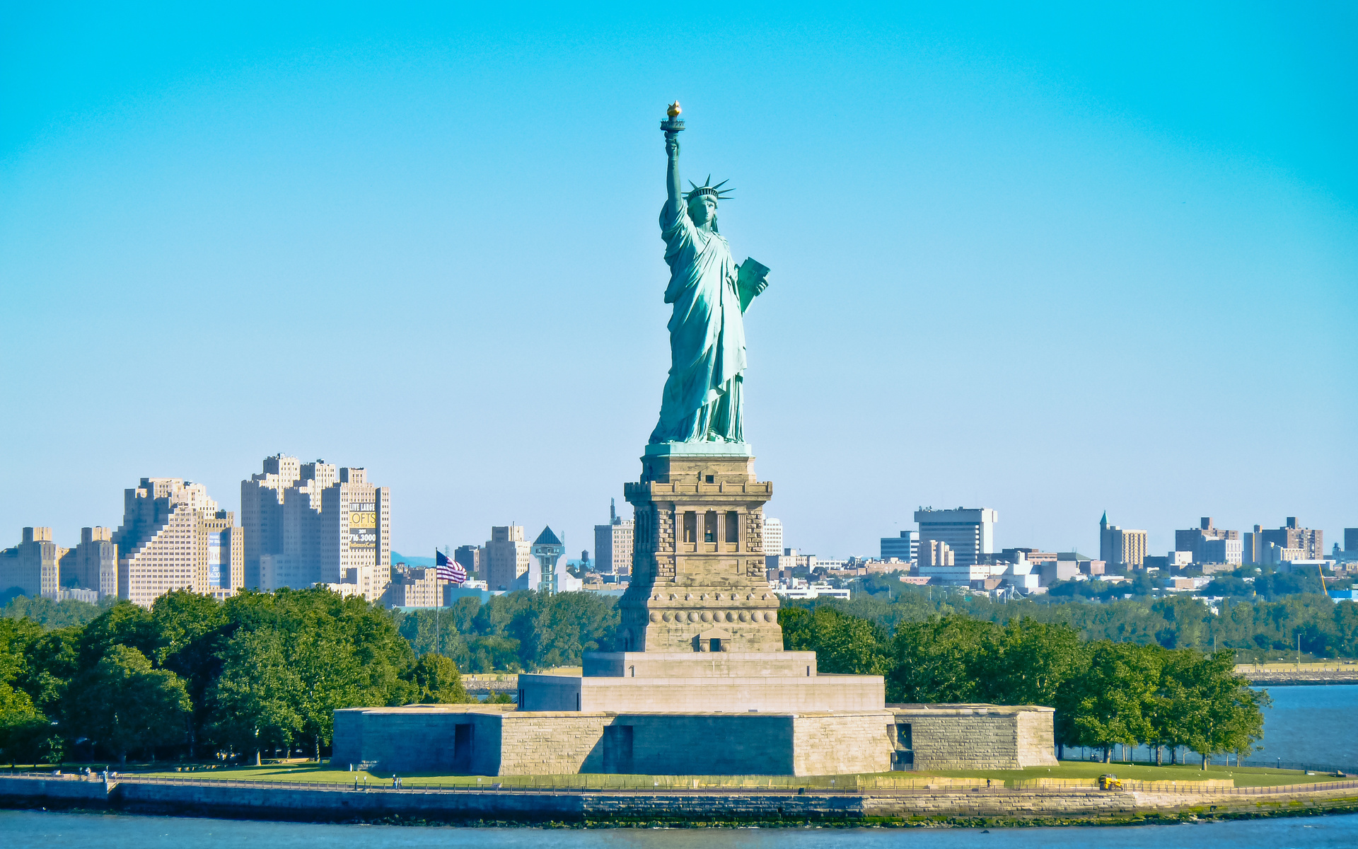 new york city, manhatten, statue of liberty, city, skyline, blue, sky, -,  