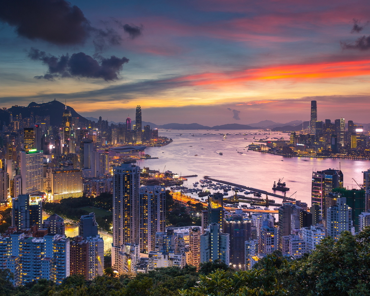 hong kong, china, city, braemar hill, victoria harbour, evening, dawn, skyscrapers