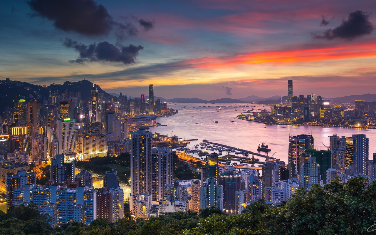 hong kong, china, city, braemar hill, victoria harbour, evening, dawn, skyscrapers