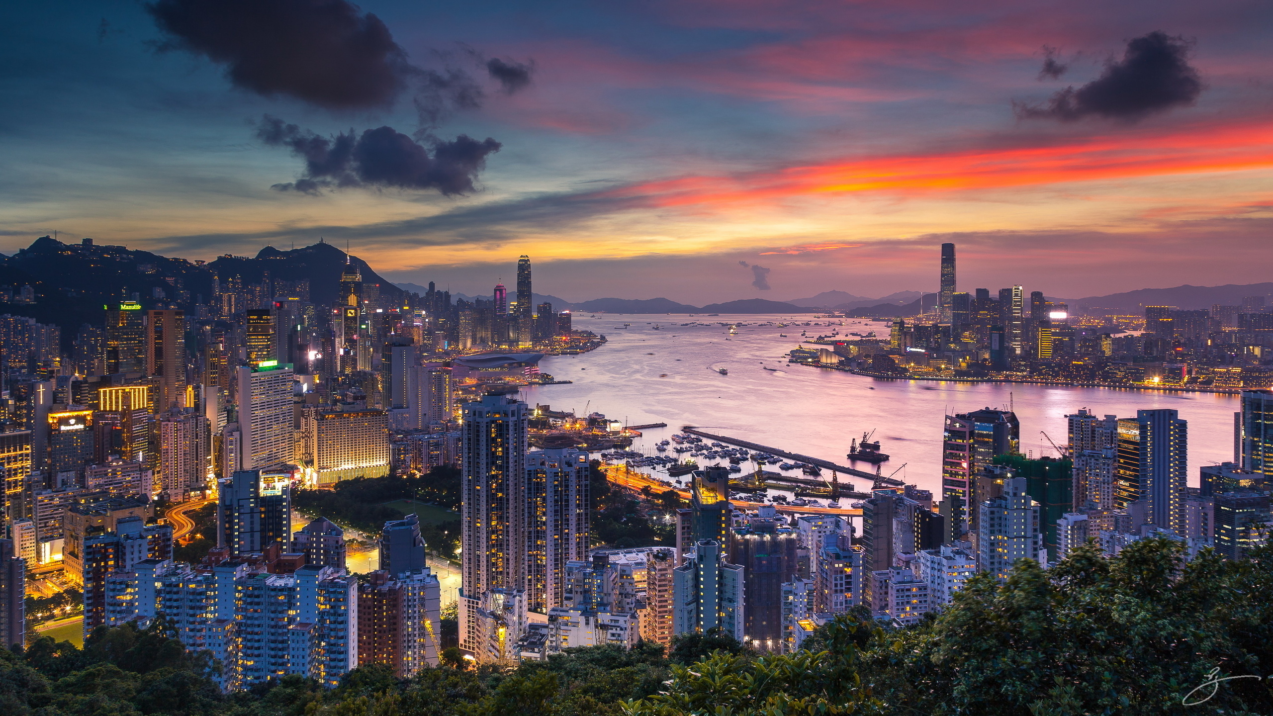 hong kong, china, city, braemar hill, victoria harbour, evening, dawn, skyscrapers