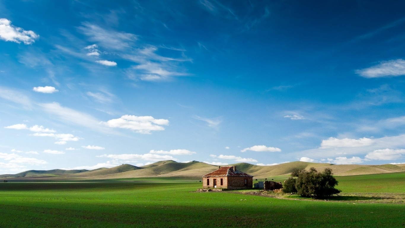 hills, house, sky, clouds, grass