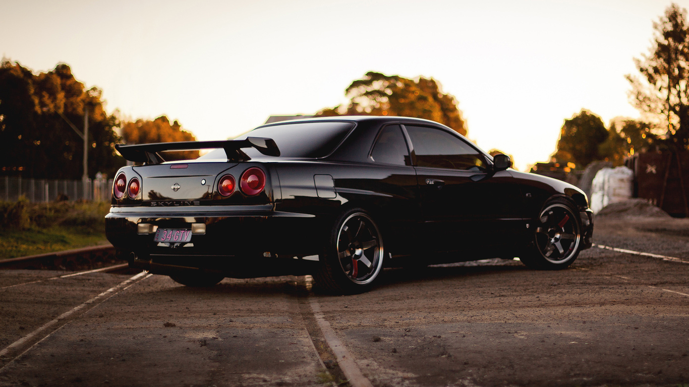 nissan, r34, skyline, black, railroad, back, gtr