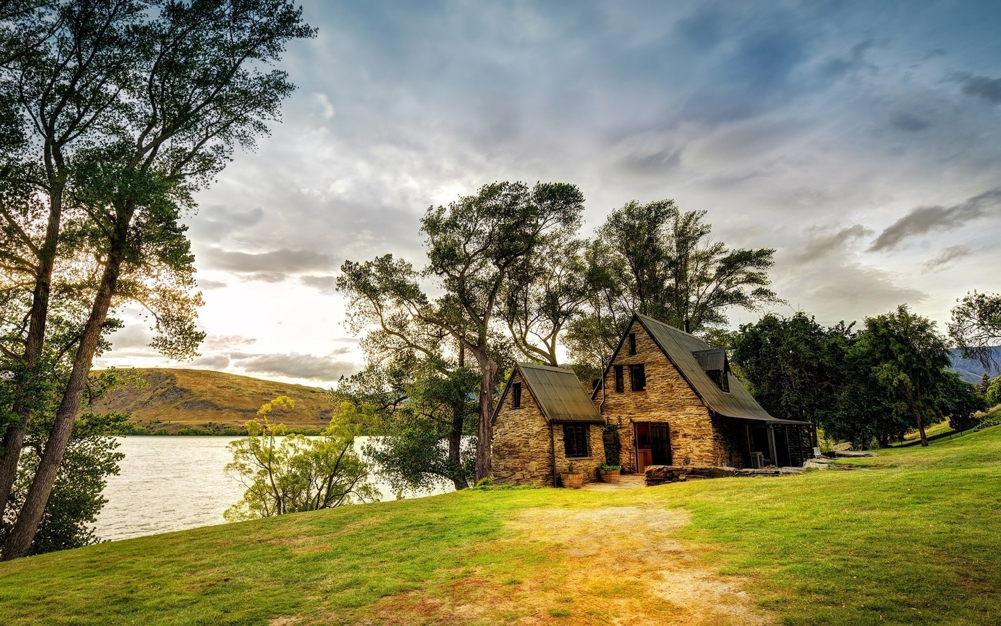 cottage, grass, tree, river, water