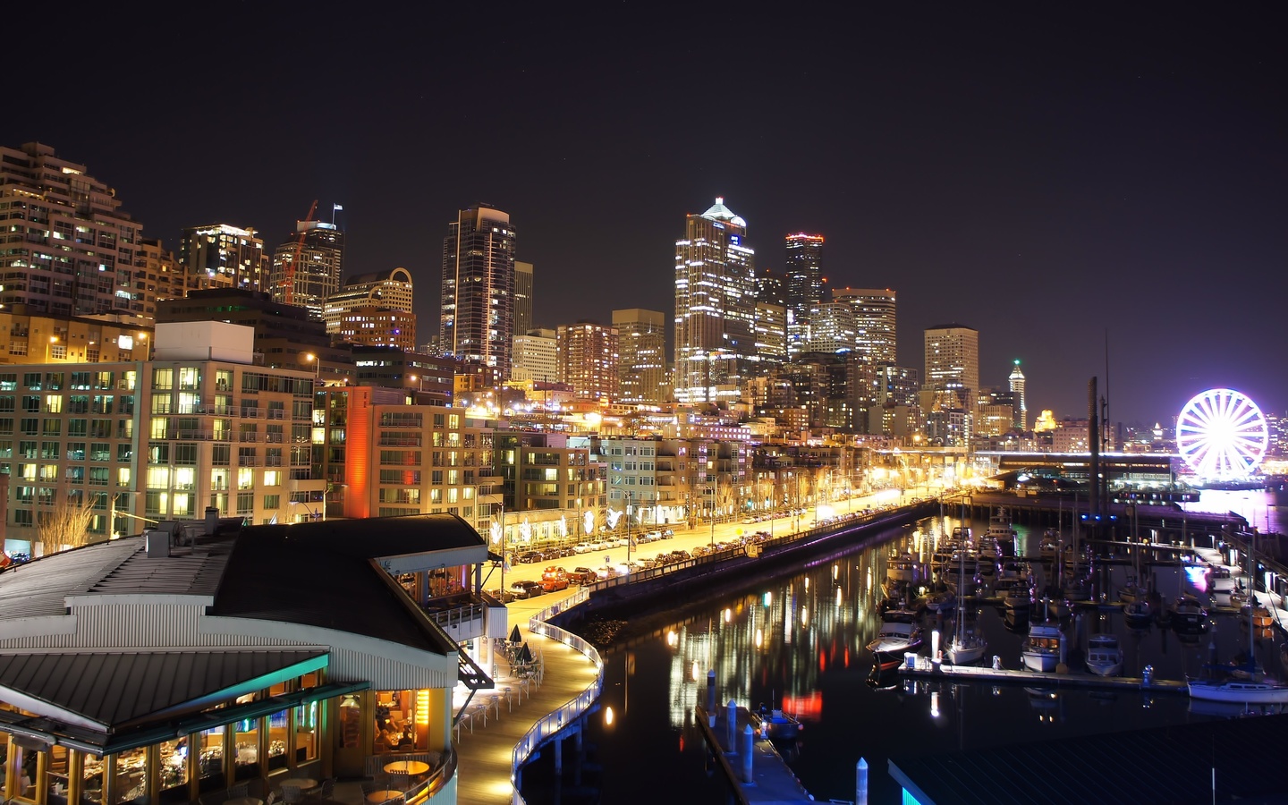 seattle, beach, night, shot, city, ferris, wheel, , , 