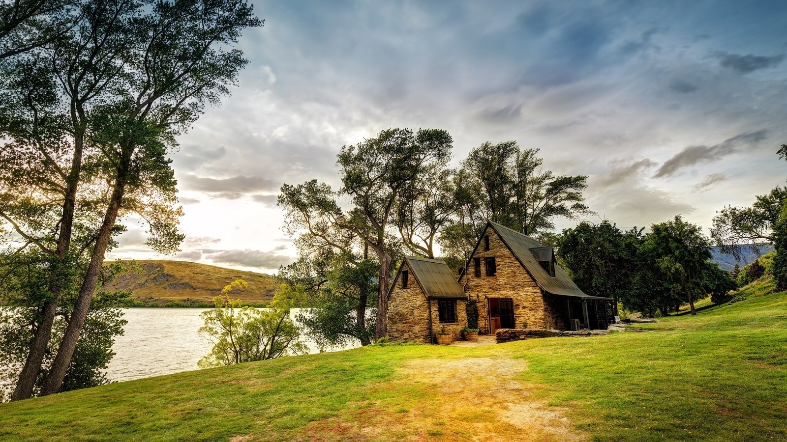 cottage, grass, tree, river, water