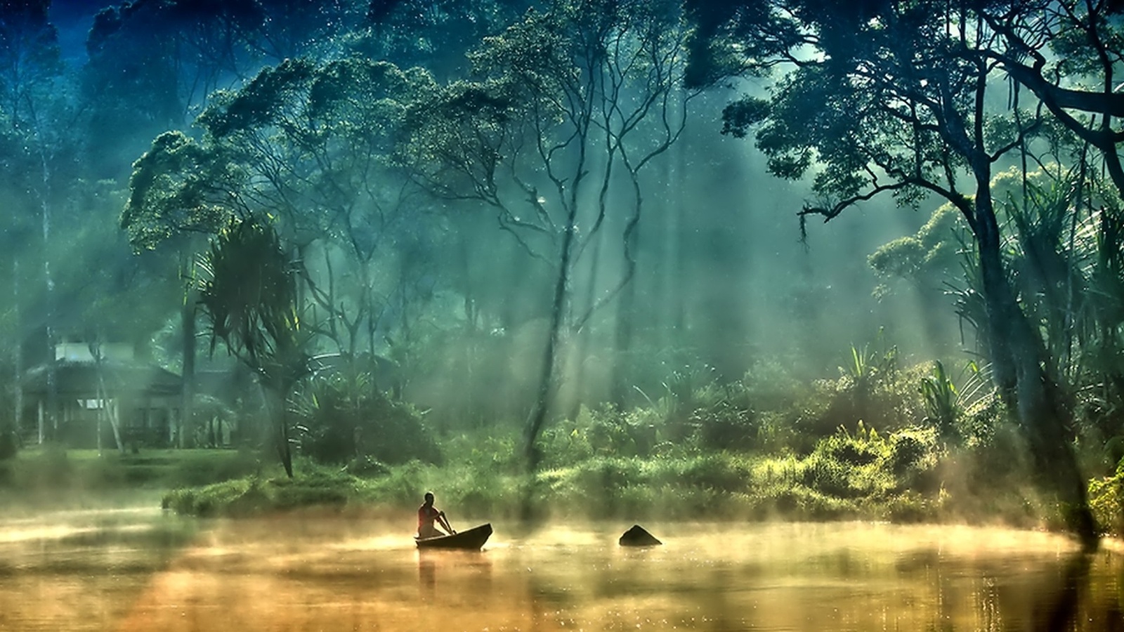 fog, boat, lake, mountain