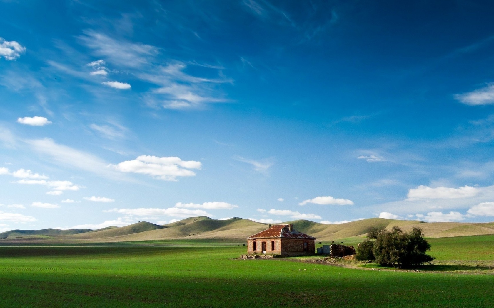 hills, house, sky, clouds, grass