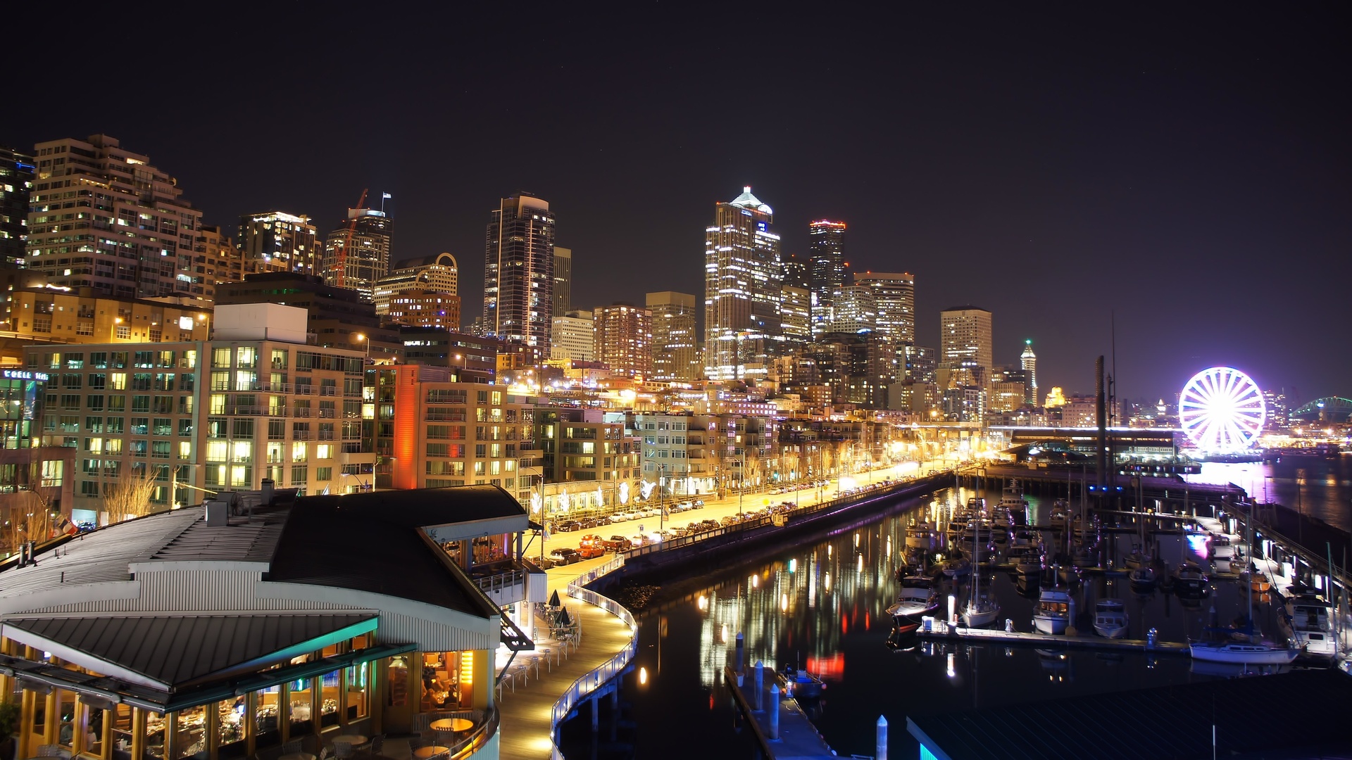 seattle, beach, night, shot, city, ferris, wheel, , , 