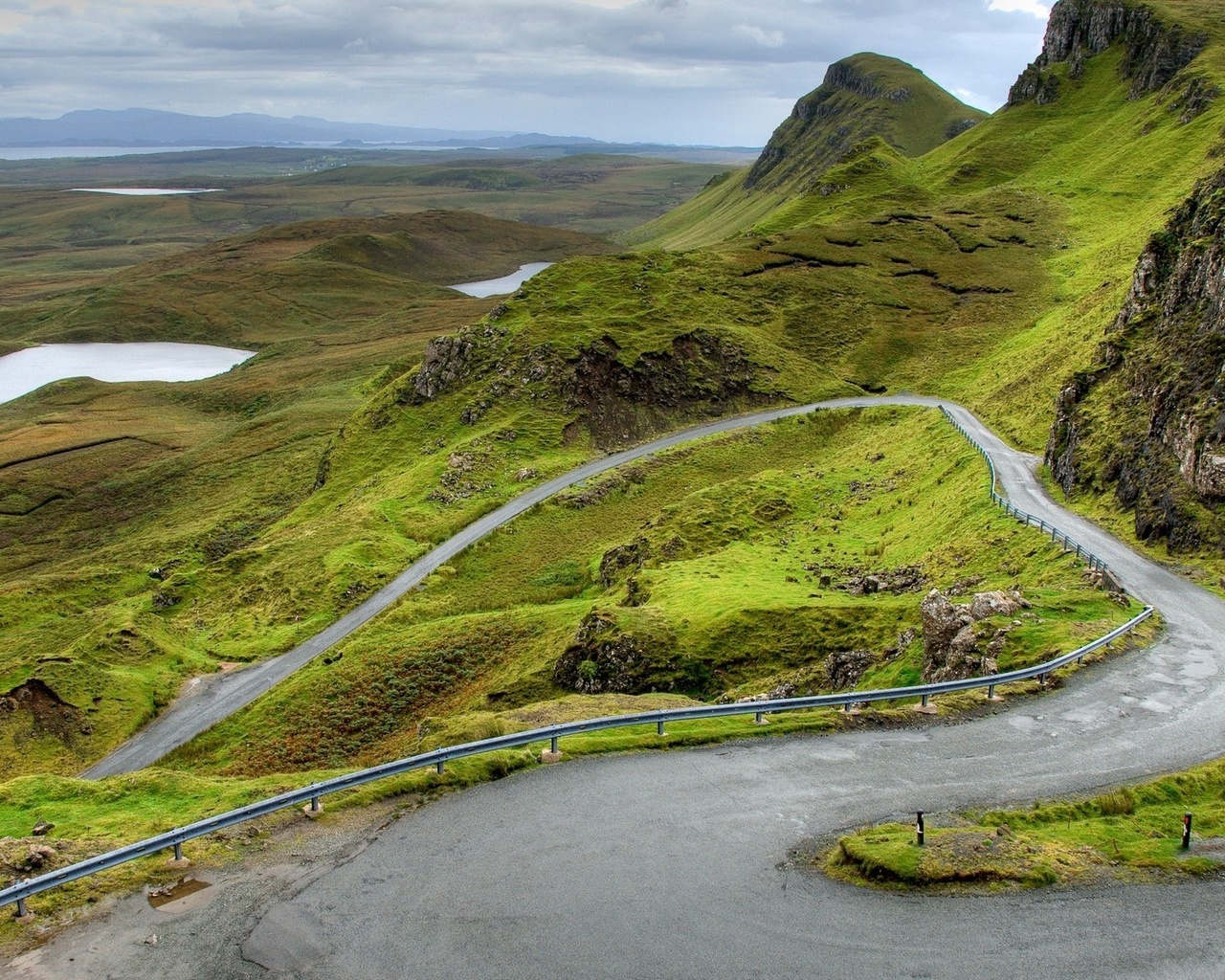 road, mountain, lagoon, green, grass