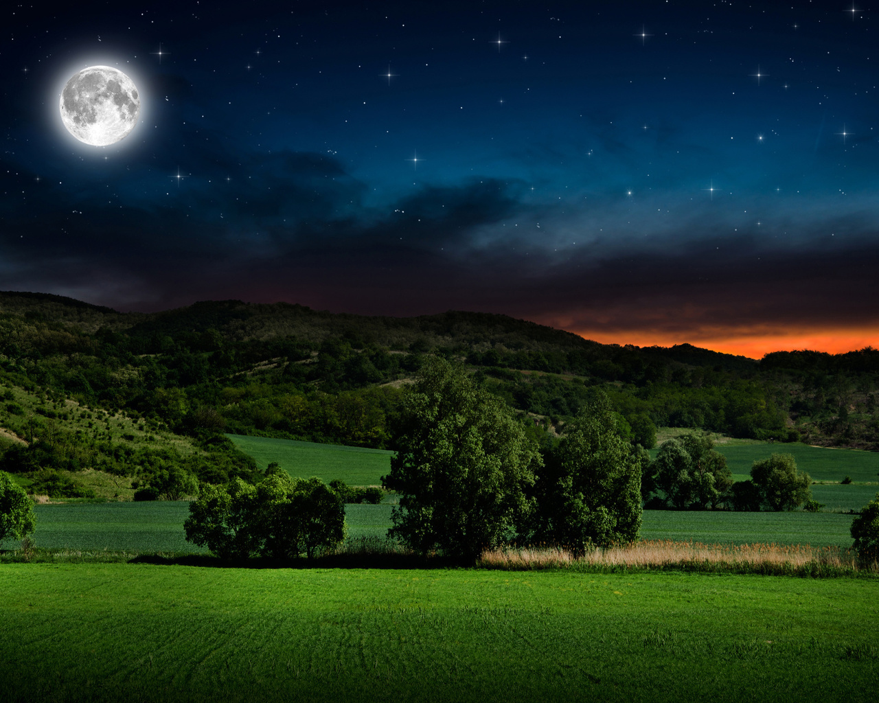 moon, hills, fields, night