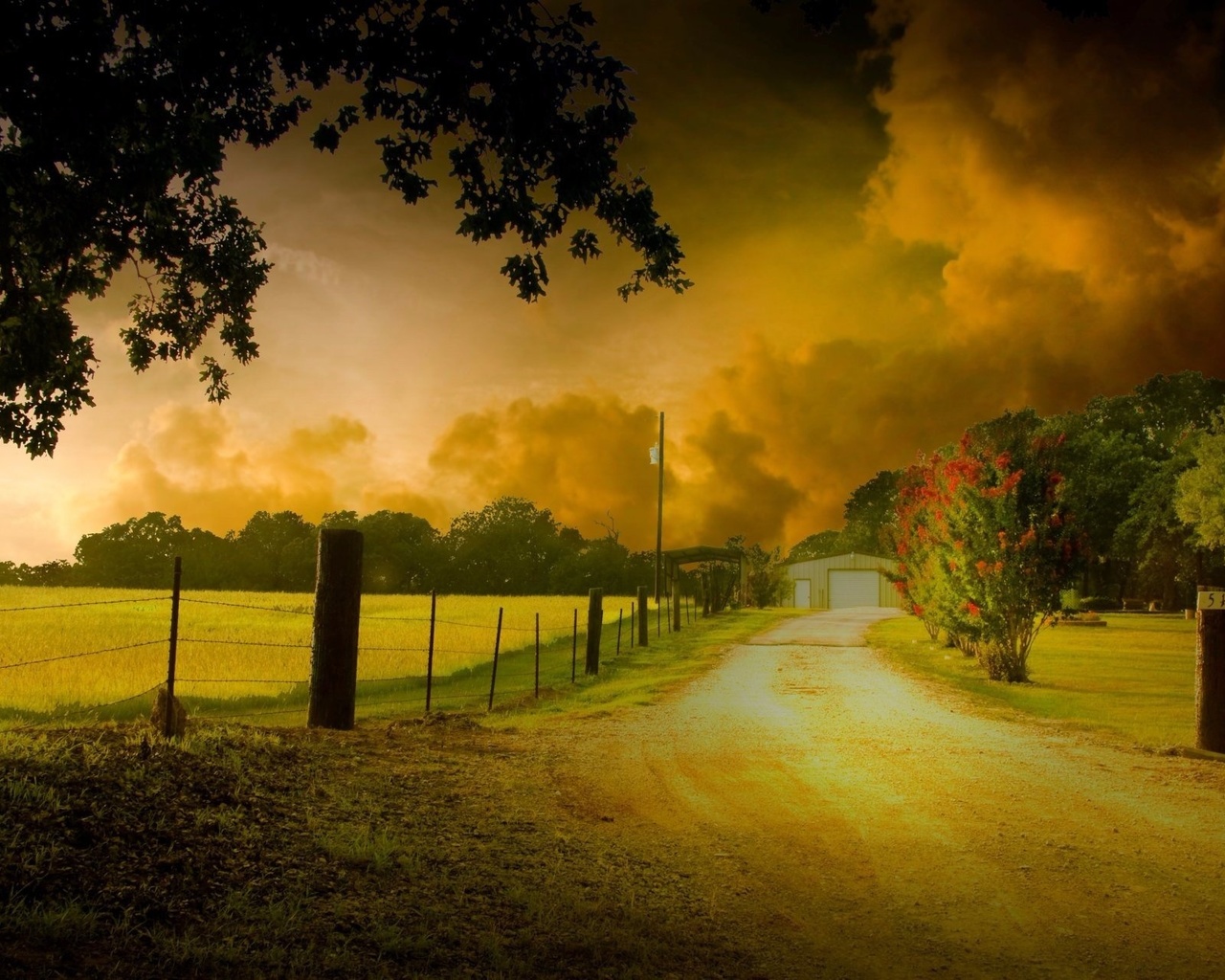 house, clouds, fields, tree, path