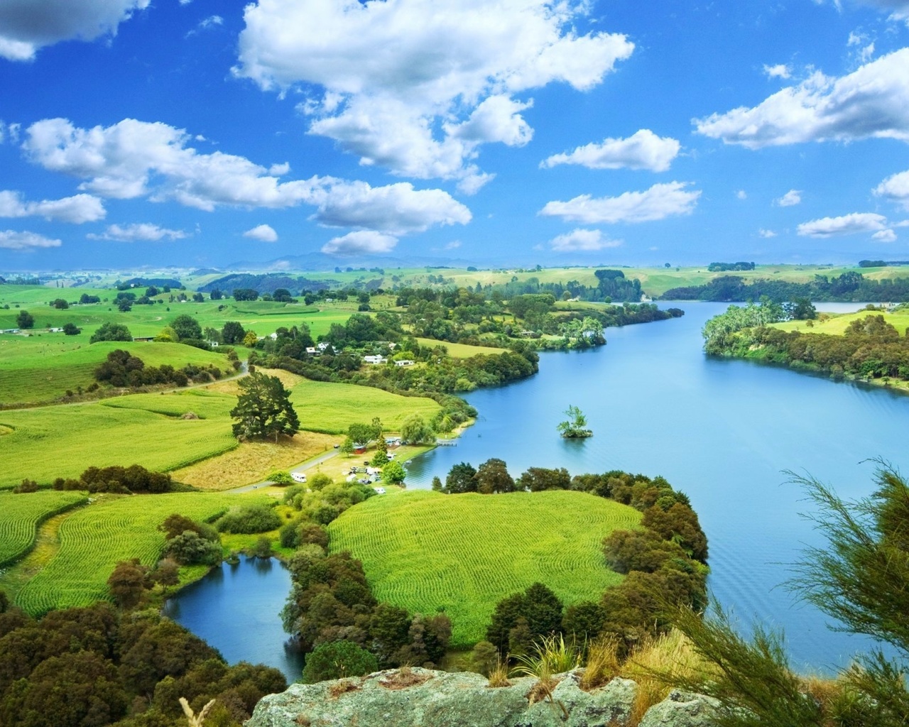 river, village, grass, fields