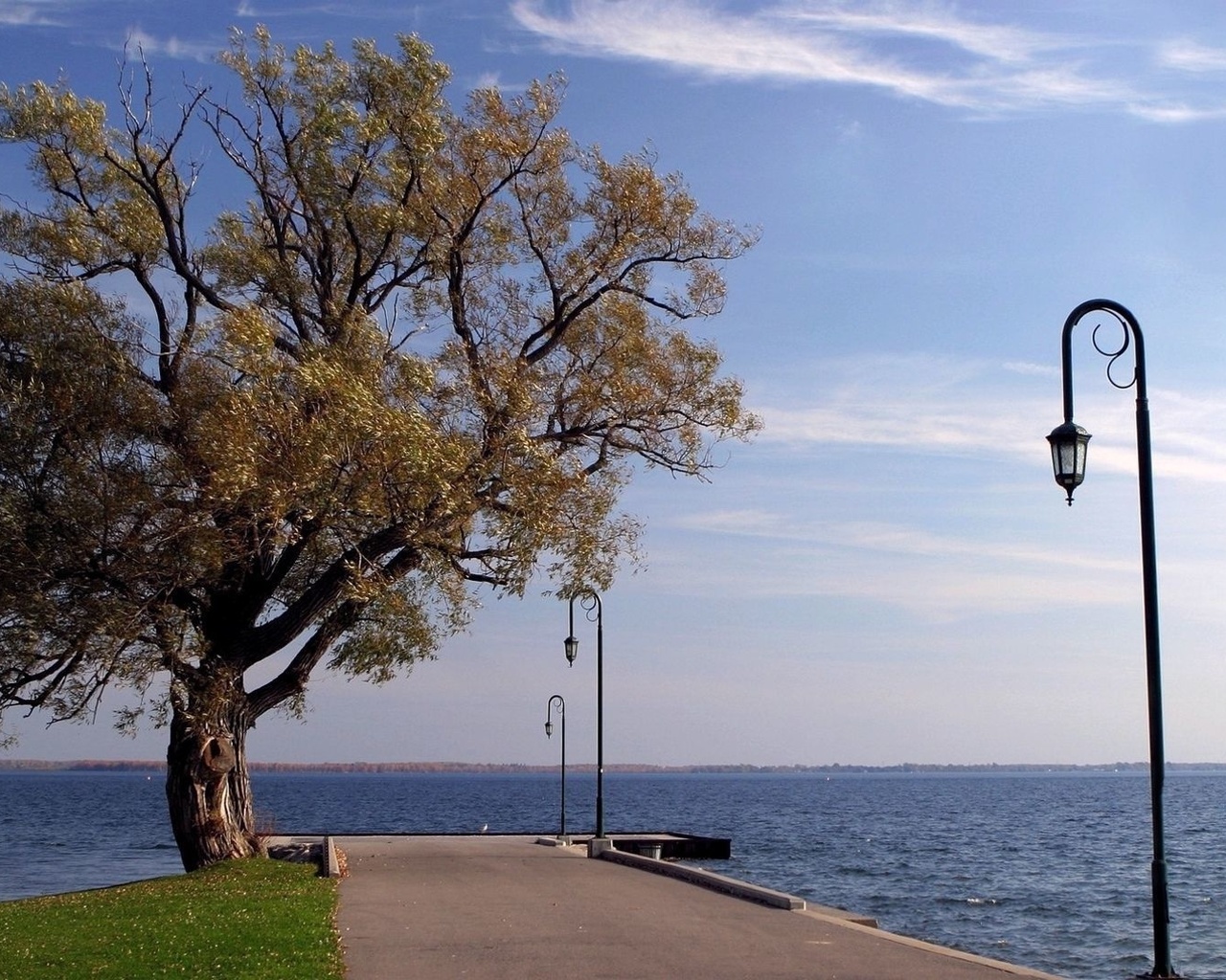 lighthouse, lake, dock, tree, water