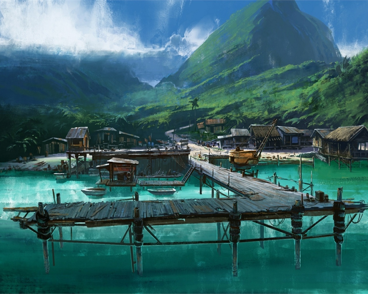 pier, water, mountains, village