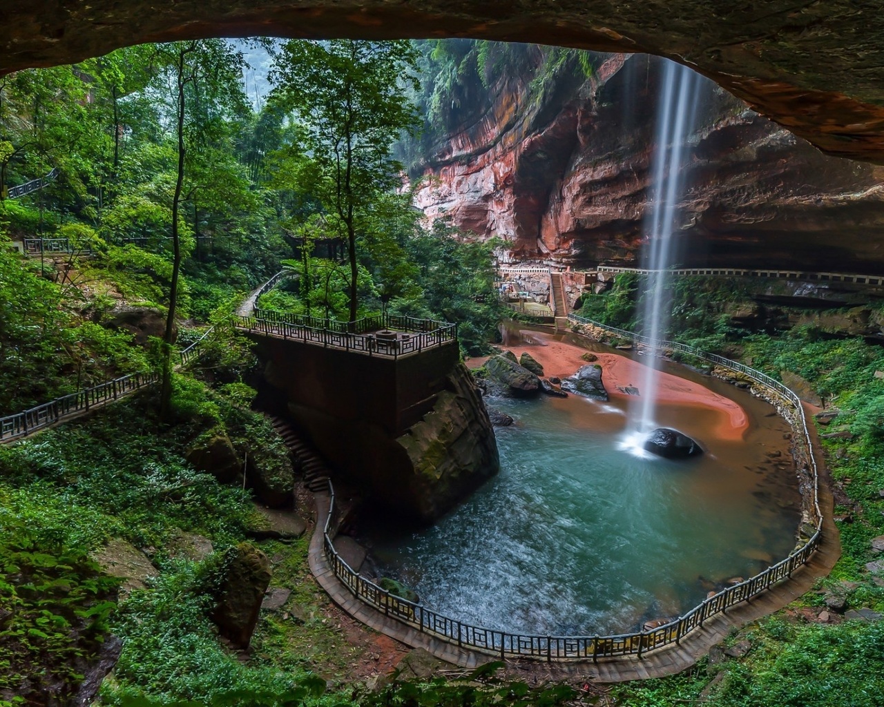 trails, waterfall, rocks, river, water