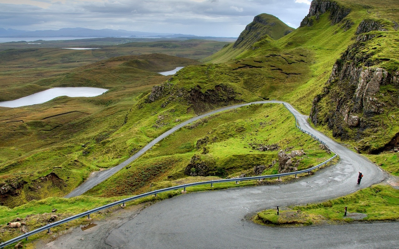 road, mountain, lagoon, green, grass