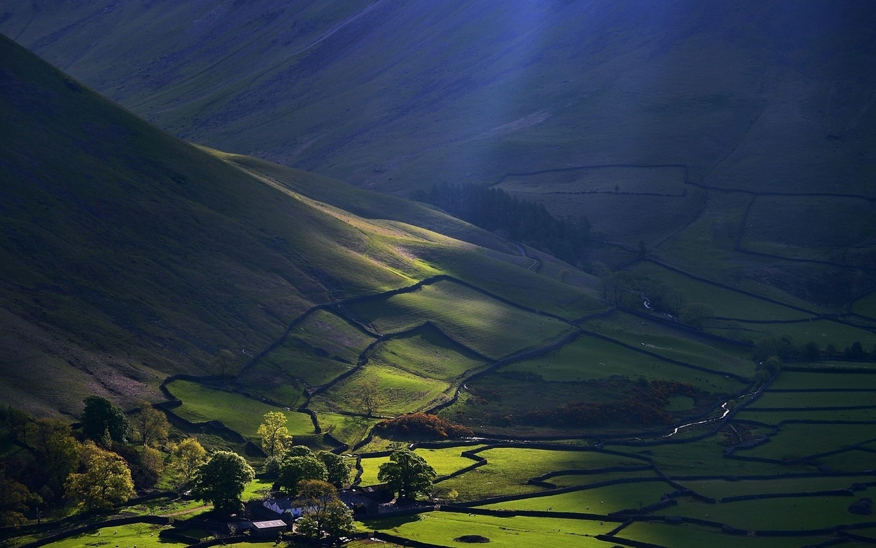 sunlight, village, mountain, clouds, 