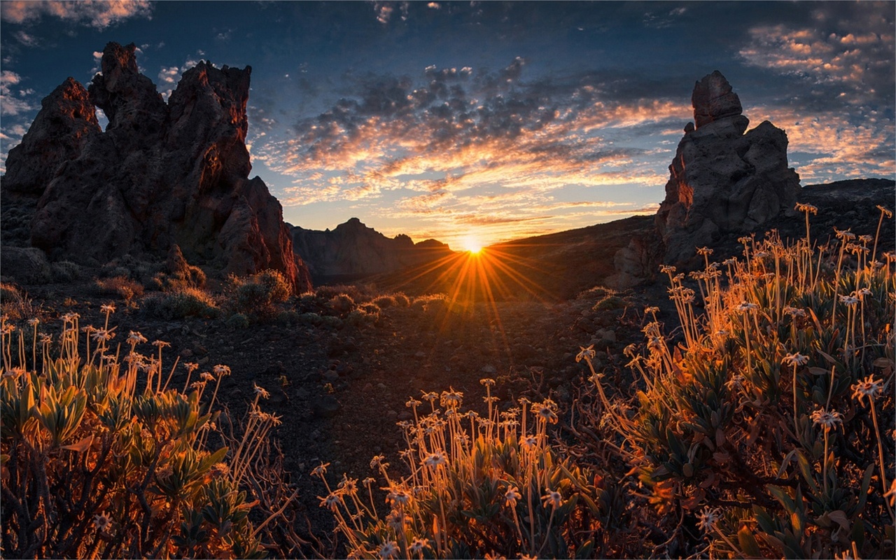 sunrise, mountain, clouds, sky