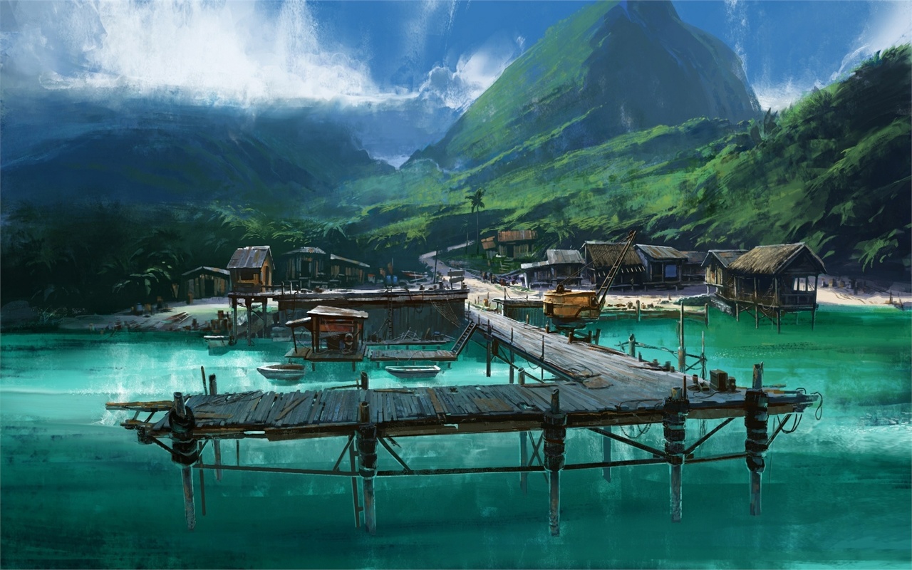 pier, water, mountains, village