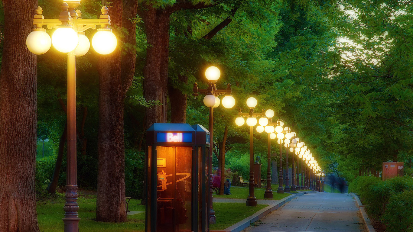 telephone, booth, park, lights