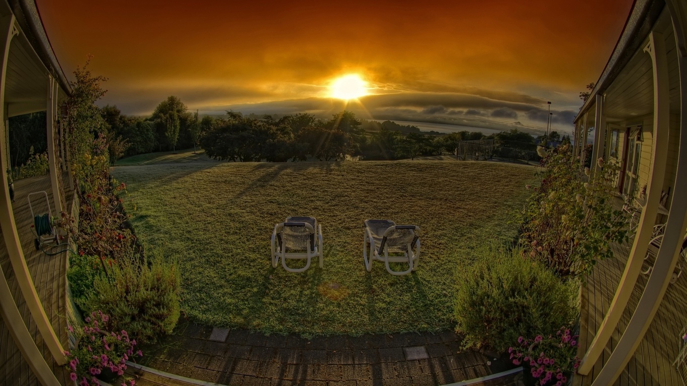 sunrise, house, grass, tree