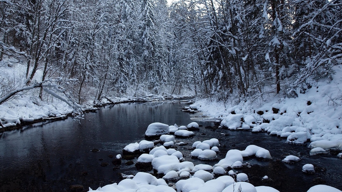 winter, river, snow, ice, tree