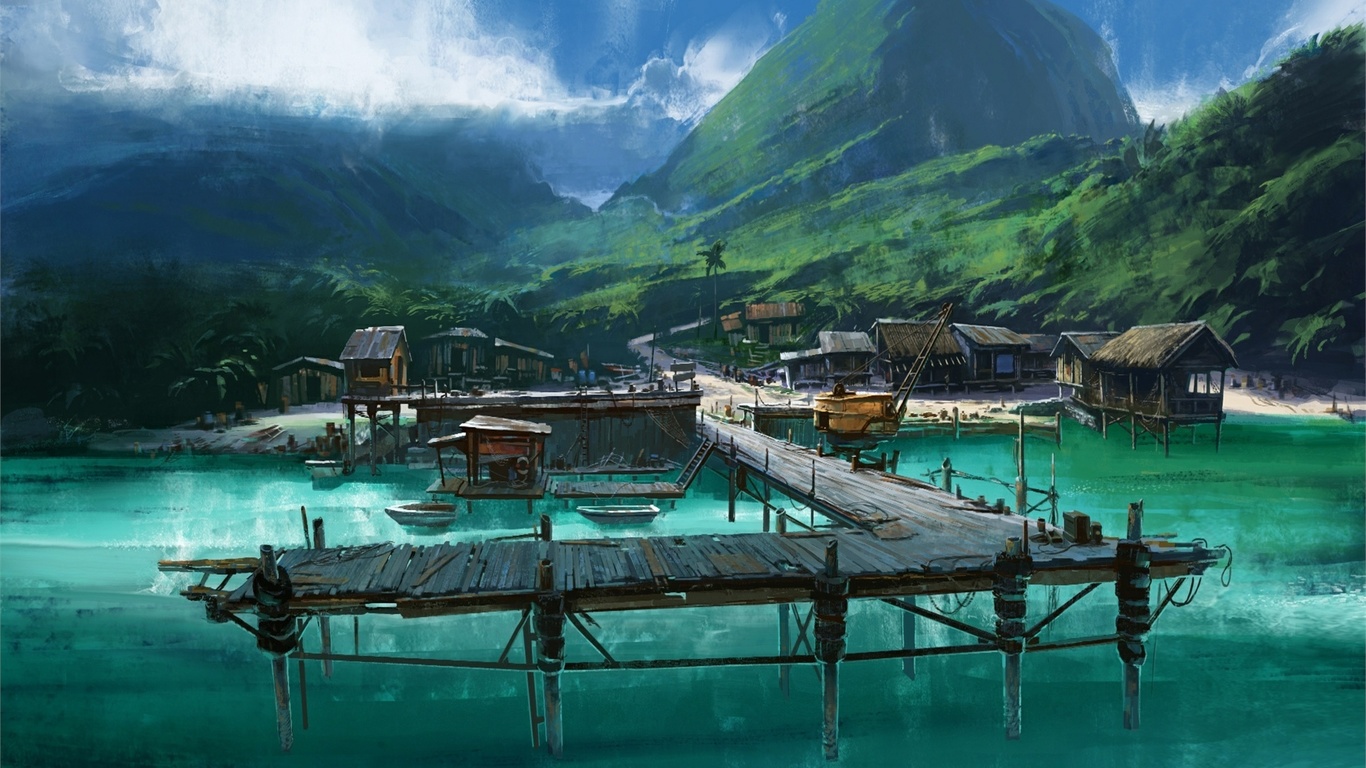 pier, water, mountains, village