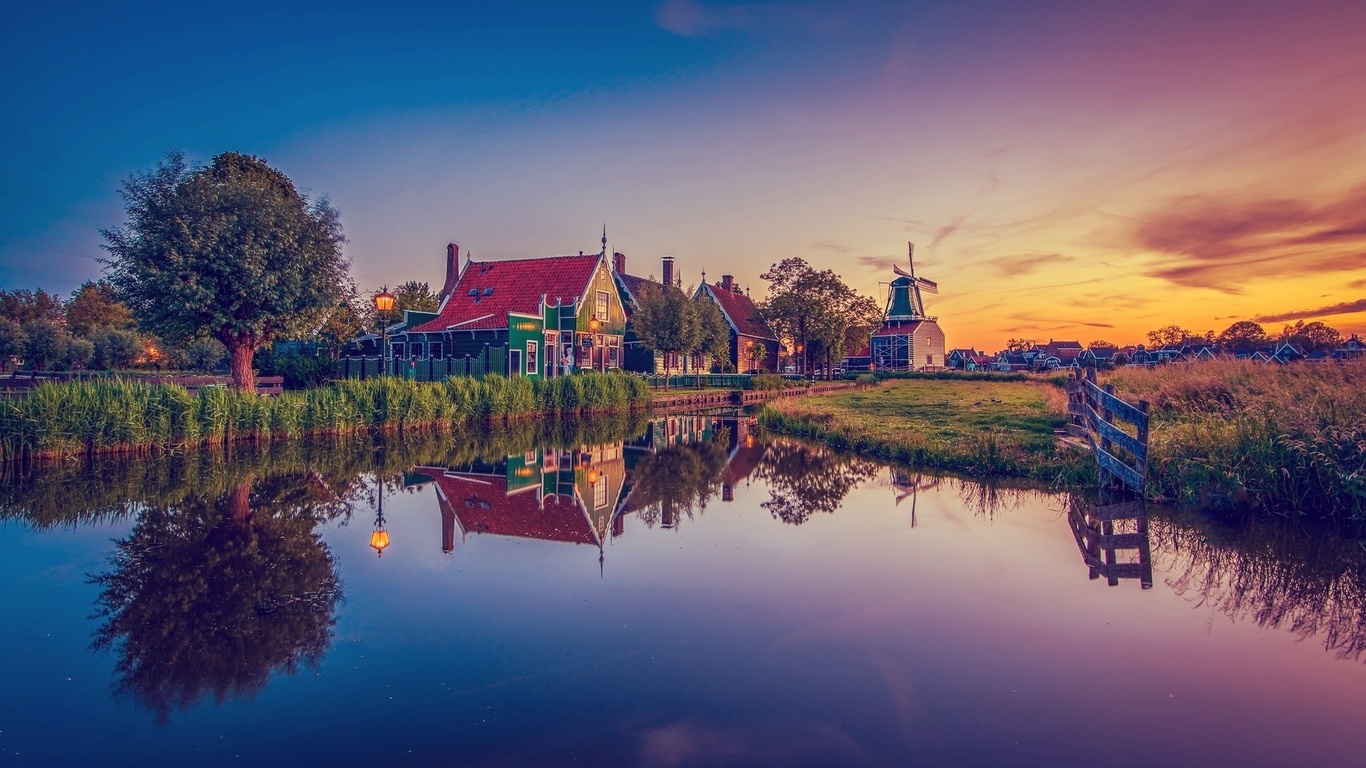 windmill, houses, river, water, trees