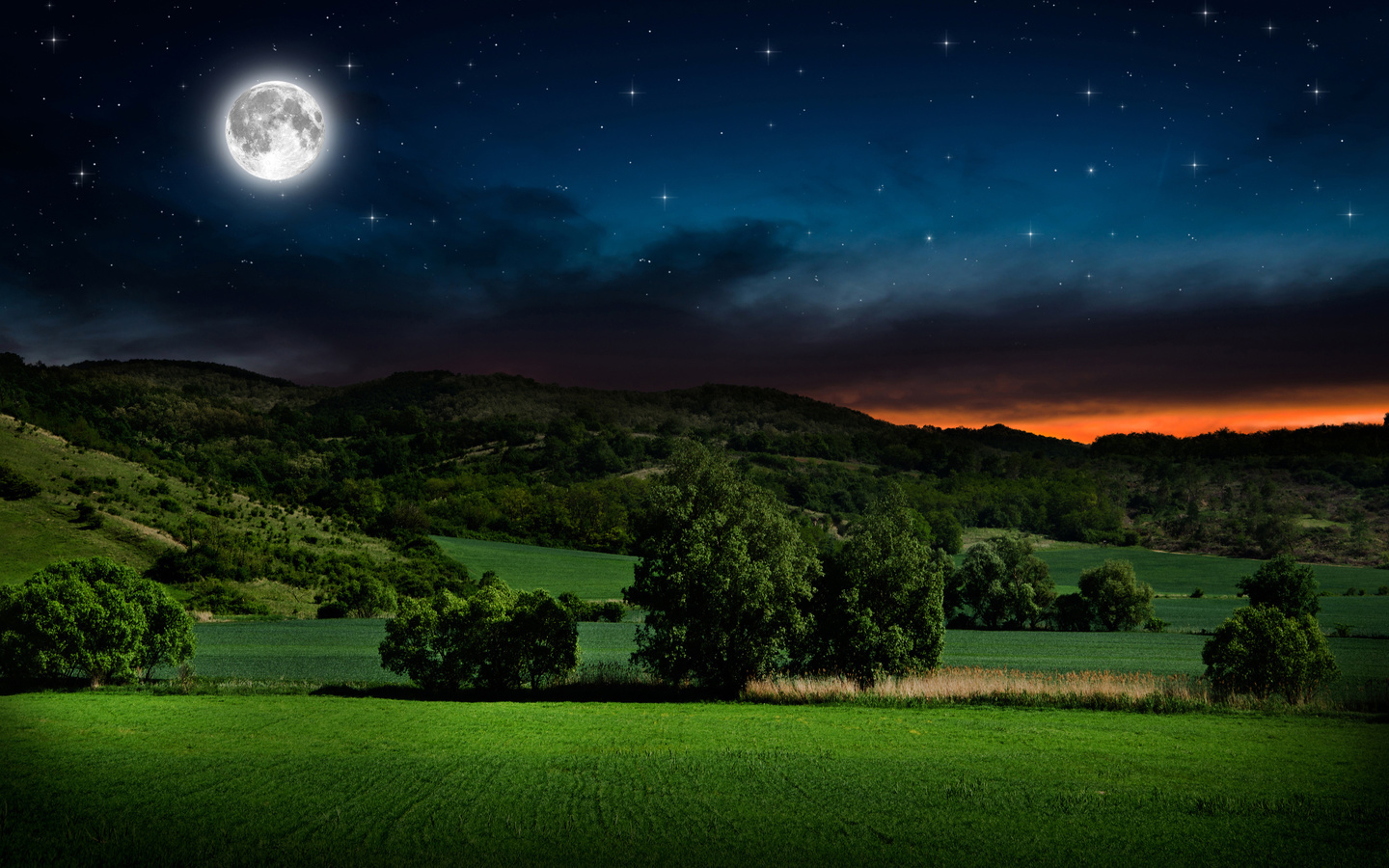 moon, hills, fields, night