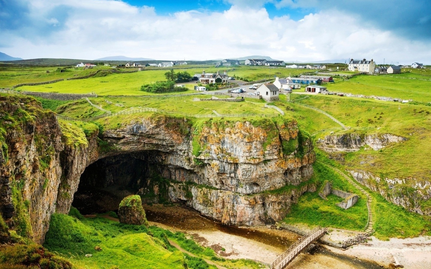 village, river, bridge, house, grass