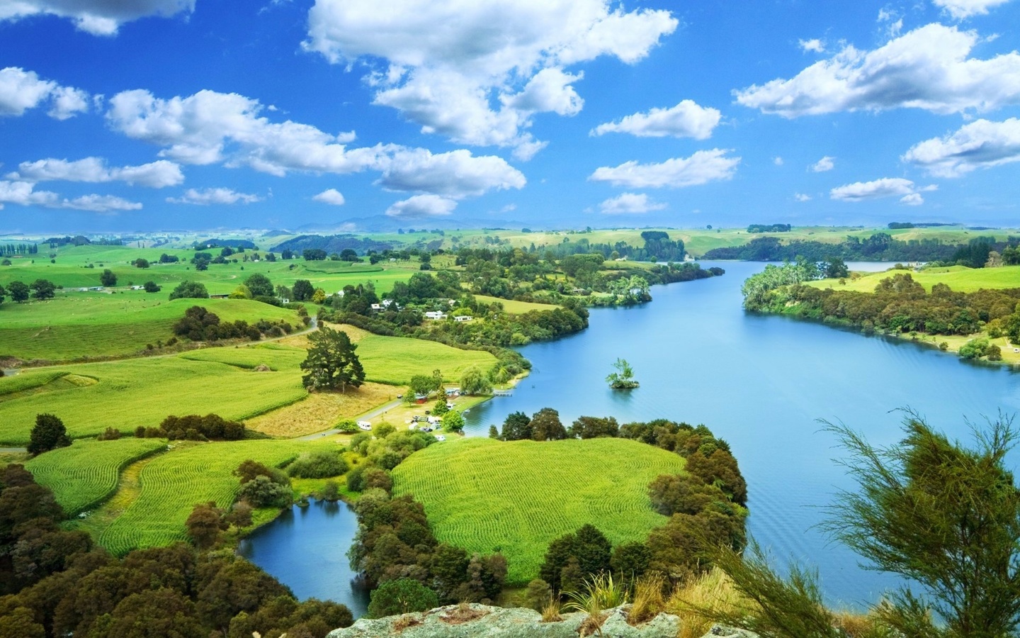 river, village, grass, fields