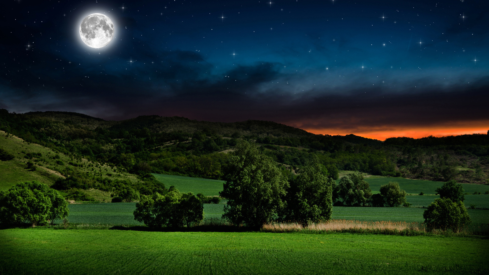 moon, hills, fields, night