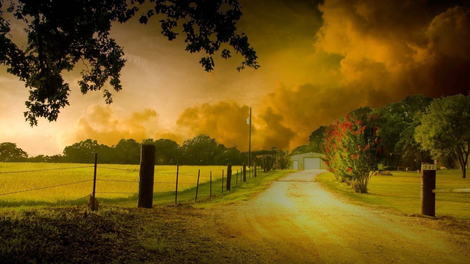 house, clouds, fields, tree, path