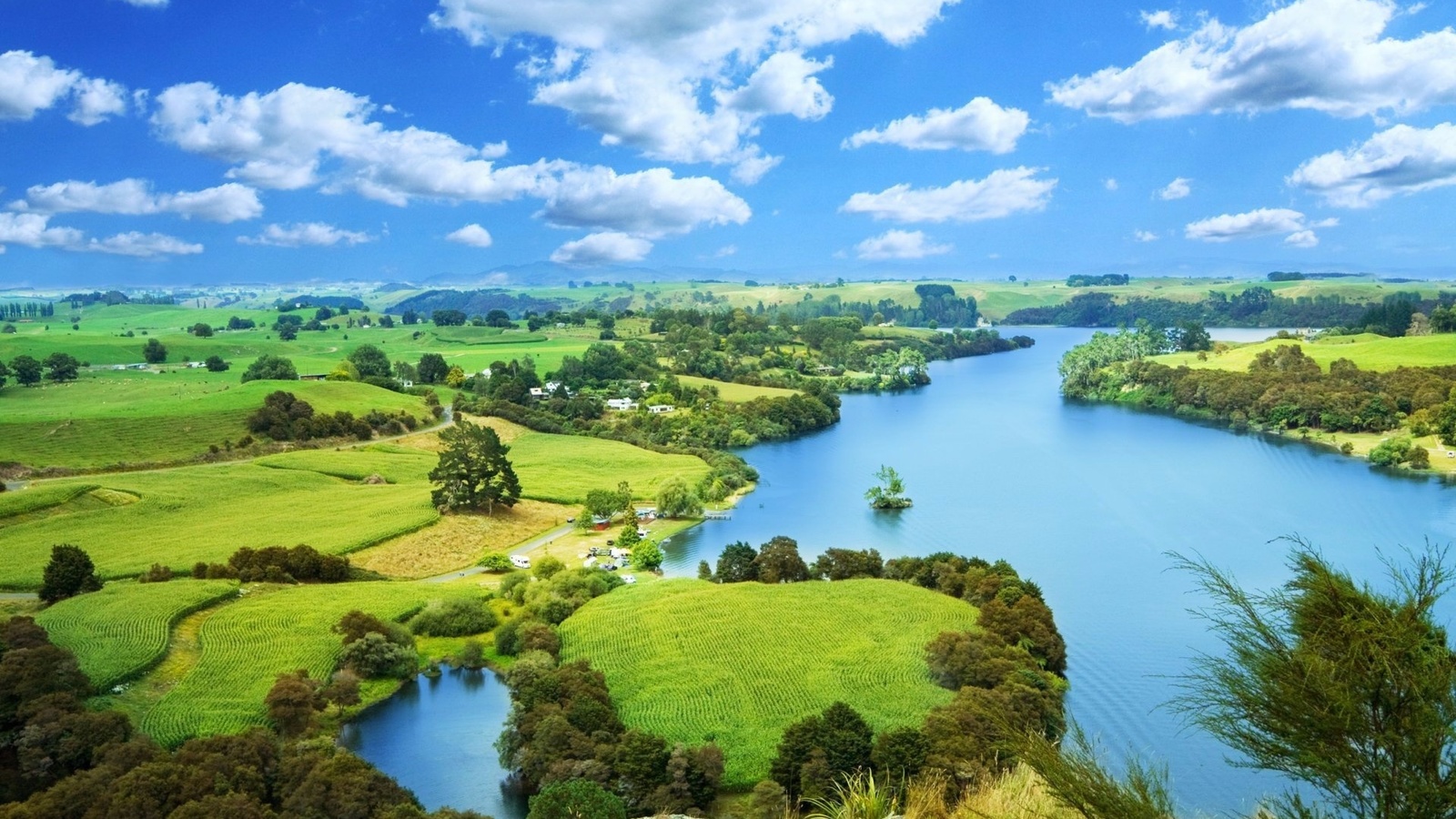 river, village, grass, fields