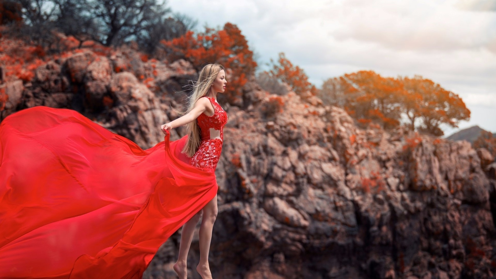 dress, rock, wind, girl, , , 