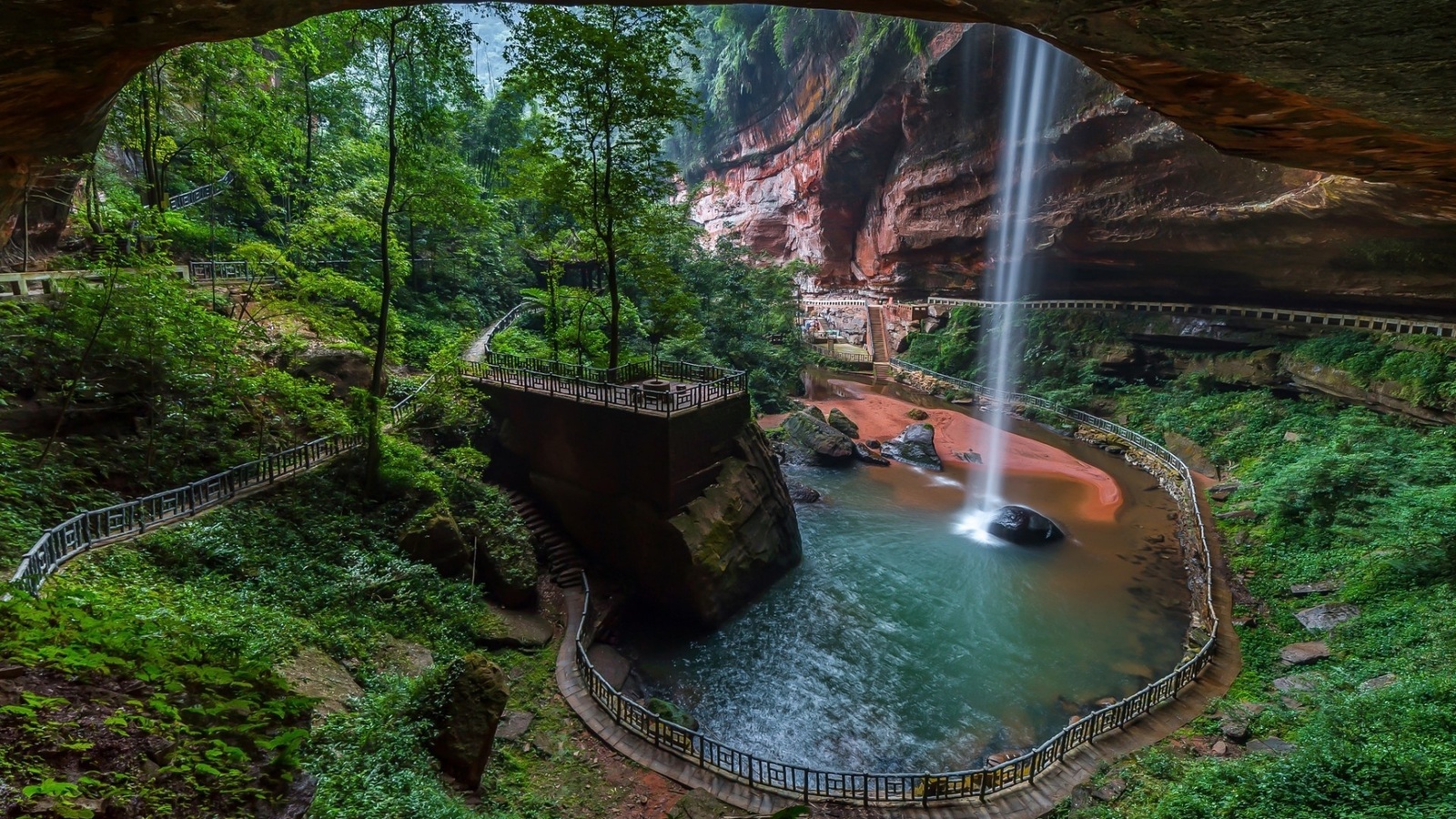 trails, waterfall, rocks, river, water