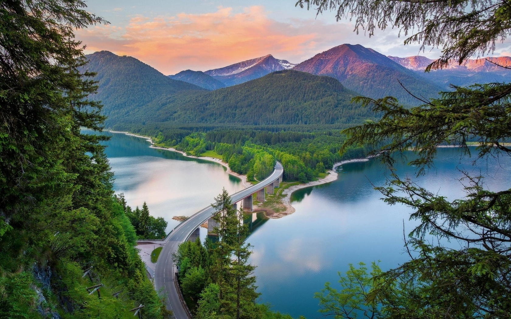 green, road, mountain, tree, lake, , 