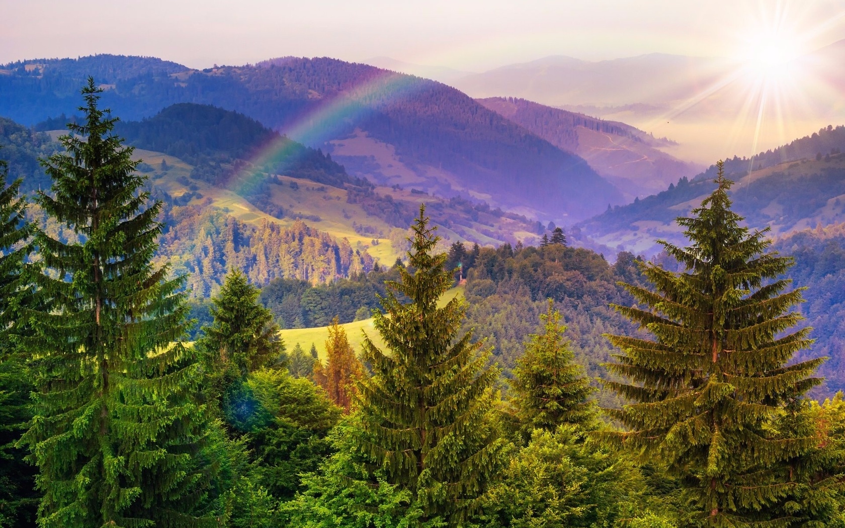 rainbow, forest, mountain, nature, clouds, sky