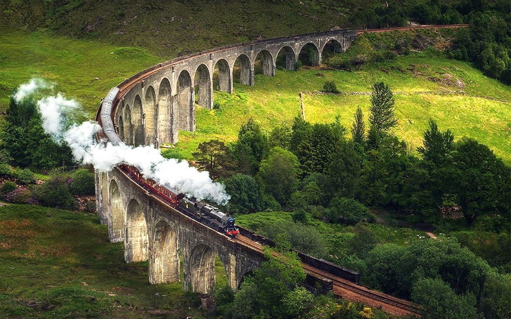 train, smoke, bridge, forest