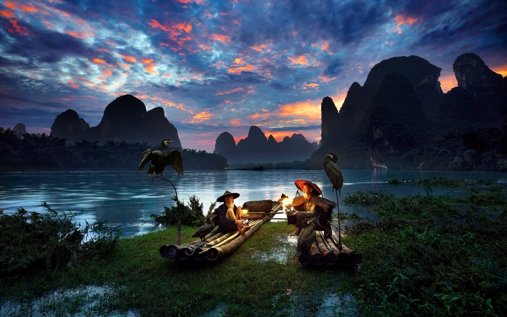 asian, elderly, birds, light, mountains, sunrise, , , , , 