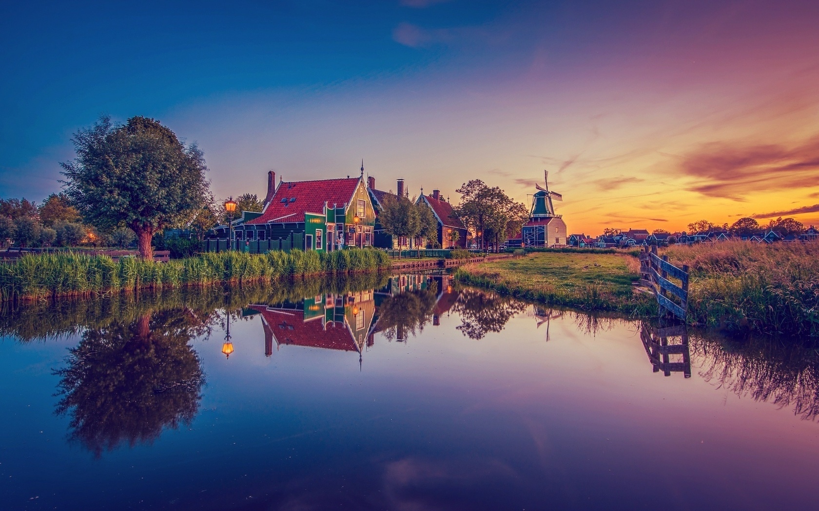 windmill, houses, river, water, trees