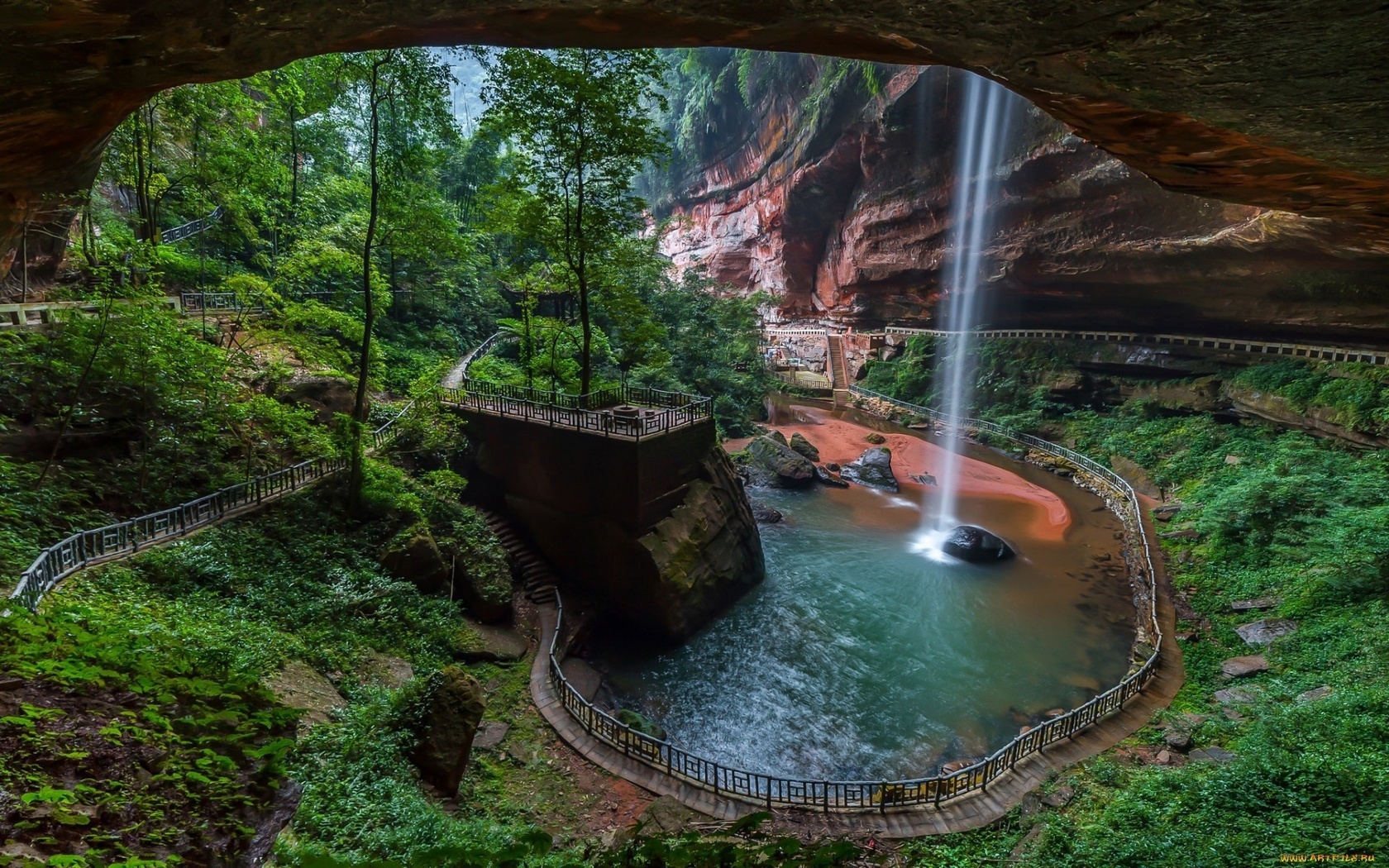 trails, waterfall, rocks, river, water