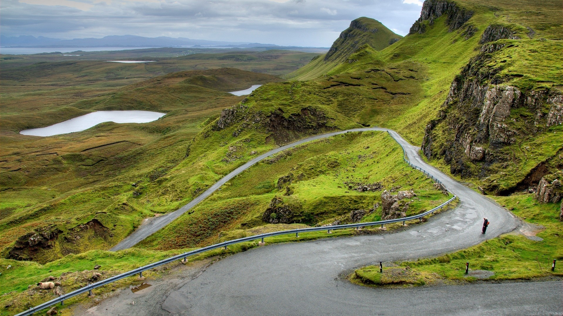 road, mountain, lagoon, green, grass