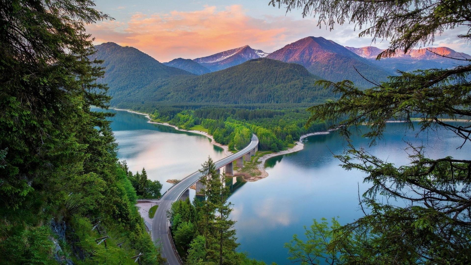 green, road, mountain, tree, lake, , 